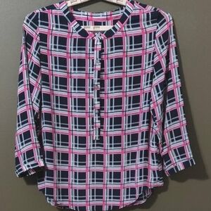 Armour Vert 100% Silk 3/4 Sleeve Blouse Navy, White and Pink Plaid SIZE …